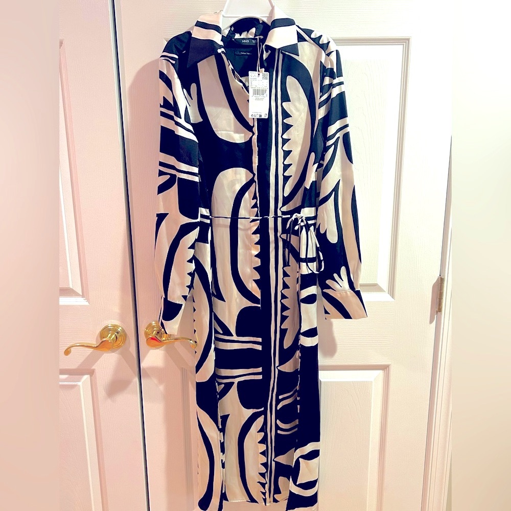 NWT MANGO MNG BLACK WHITE SILK SATIN MAXI DRESS ABSTRACT PRINT SZ S